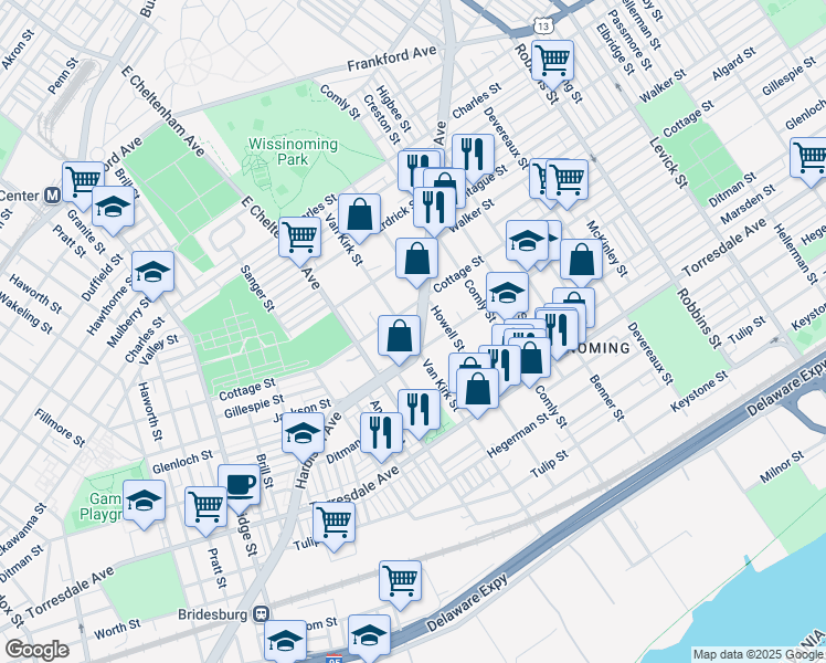 map of restaurants, bars, coffee shops, grocery stores, and more near 4417 Van Kirk Street in Philadelphia