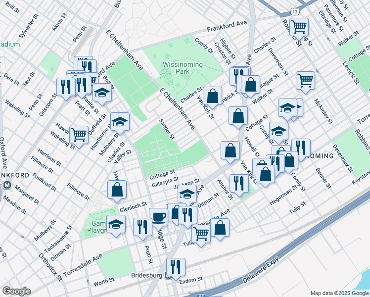 map of restaurants, bars, coffee shops, grocery stores, and more near 5407 Walker Street in Philadelphia