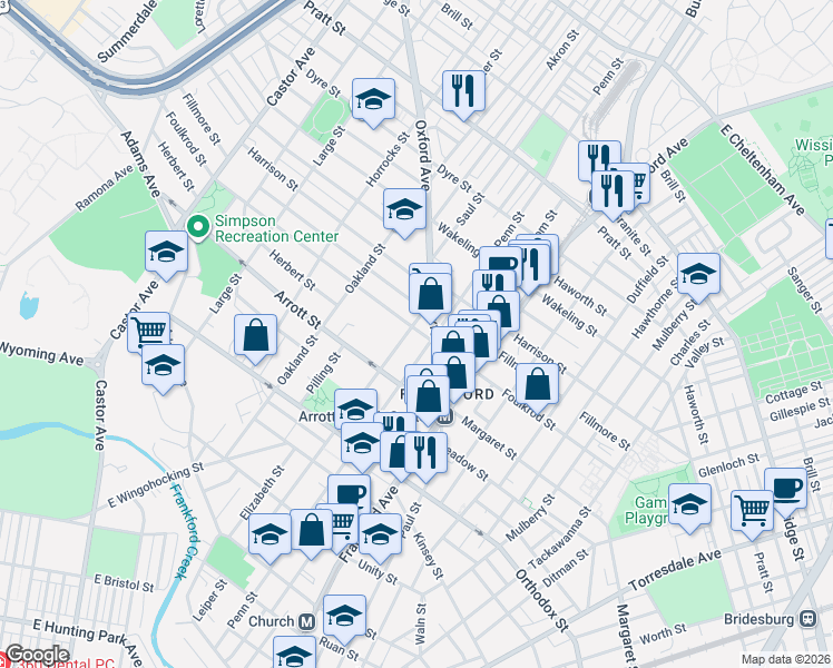 map of restaurants, bars, coffee shops, grocery stores, and more near 4723-25 Leiper Street in Philadelphia