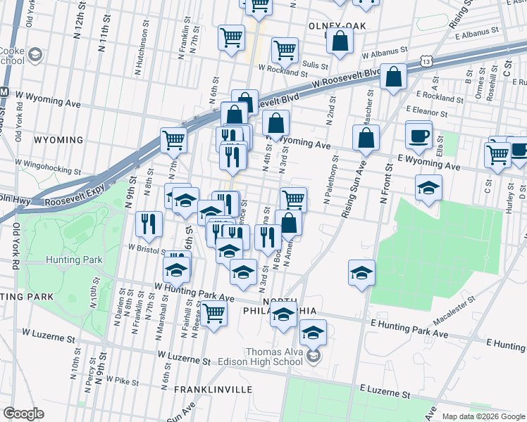 map of restaurants, bars, coffee shops, grocery stores, and more near 4427 North Orianna Street in Philadelphia