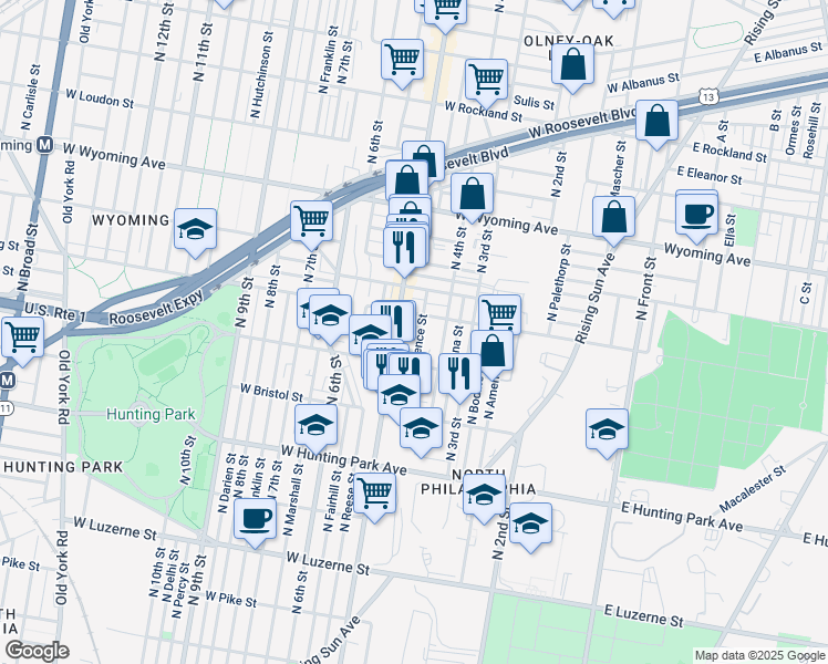 map of restaurants, bars, coffee shops, grocery stores, and more near 433 Purdy Street in Philadelphia