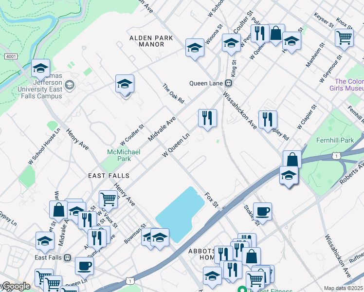 map of restaurants, bars, coffee shops, grocery stores, and more near 3592 Fox Street in Philadelphia
