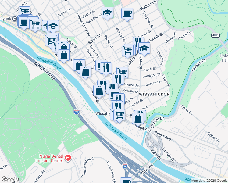 map of restaurants, bars, coffee shops, grocery stores, and more near 139 Vassar Street in Philadelphia