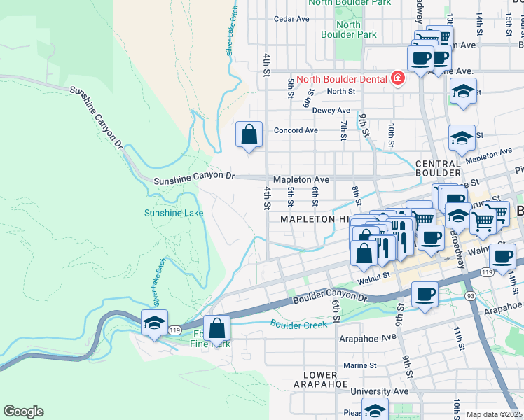 map of restaurants, bars, coffee shops, grocery stores, and more near 295 Green Rock Drive in Boulder