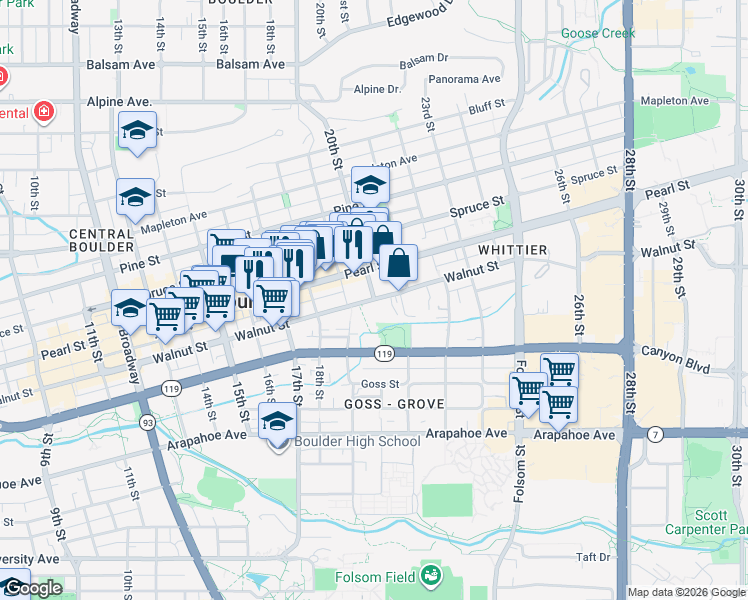 map of restaurants, bars, coffee shops, grocery stores, and more near Walnut Street & 20th Street in Boulder