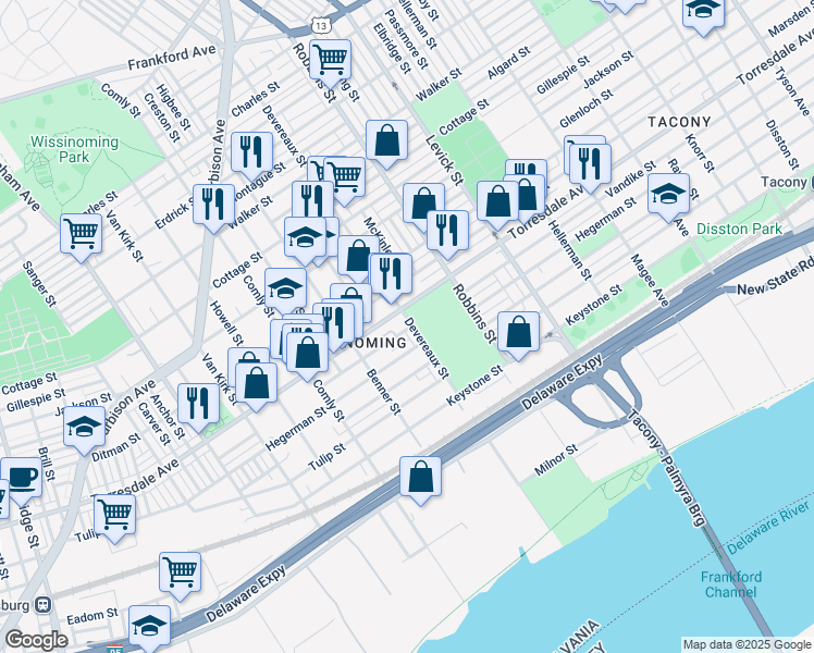map of restaurants, bars, coffee shops, grocery stores, and more near 4708 Devereaux Street in Philadelphia