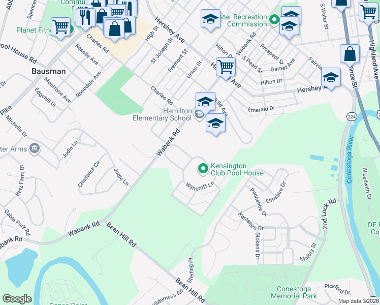 map of restaurants, bars, coffee shops, grocery stores, and more near 632-670 Wyncroft Lane in Lancaster