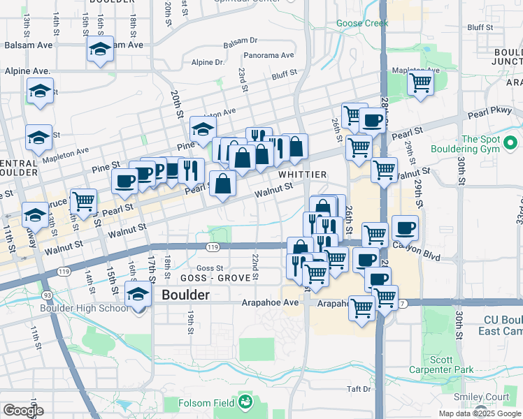 map of restaurants, bars, coffee shops, grocery stores, and more near 1834 22nd Street in Boulder