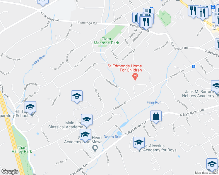 map of restaurants, bars, coffee shops, grocery stores, and more near 782 Robinhood Road in Bryn Mawr