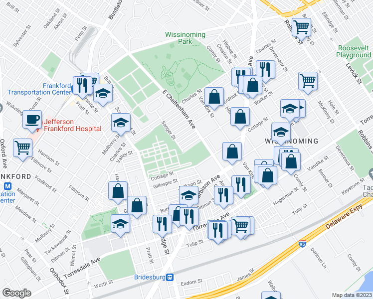 map of restaurants, bars, coffee shops, grocery stores, and more near 5407 Walker Street in Philadelphia