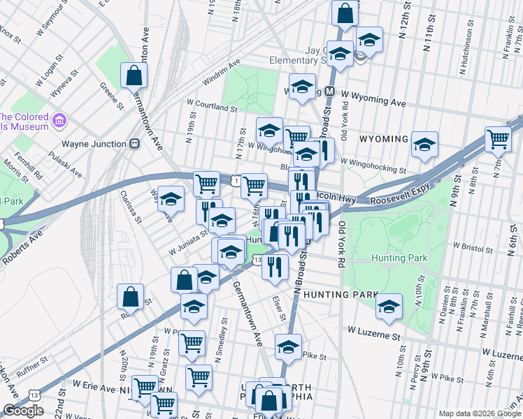 map of restaurants, bars, coffee shops, grocery stores, and more near 4246 North Hicks Street in Philadelphia