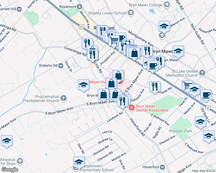 map of restaurants, bars, coffee shops, grocery stores, and more near 856 County Line Road in Bryn Mawr
