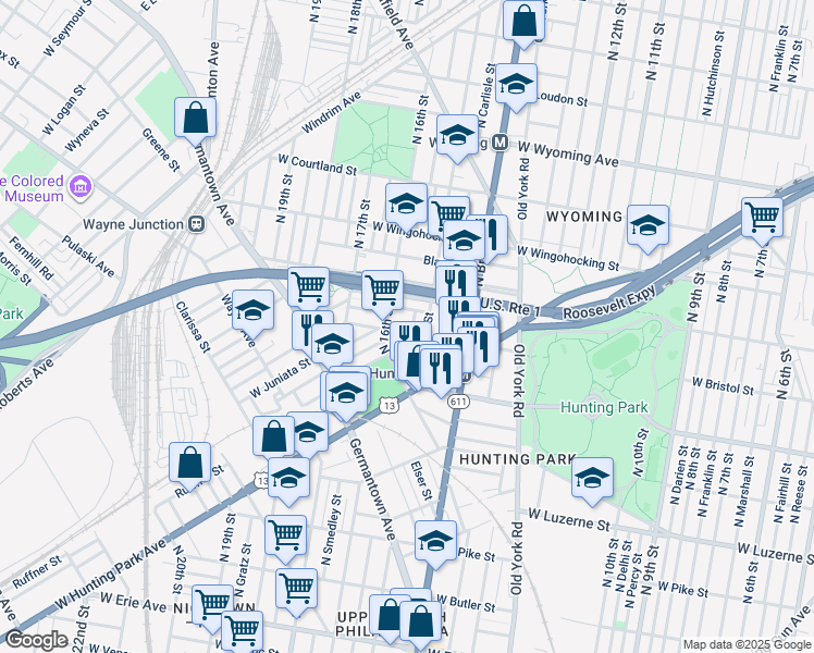 map of restaurants, bars, coffee shops, grocery stores, and more near 1525 West Bristol Street in Philadelphia