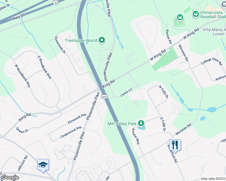 map of restaurants, bars, coffee shops, grocery stores, and more near 1401 Old Phoenixville Pike in West Chester
