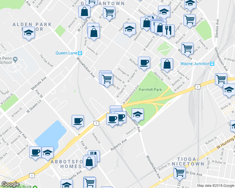 map of restaurants, bars, coffee shops, grocery stores, and more near 543 West Clapier Street in Philadelphia