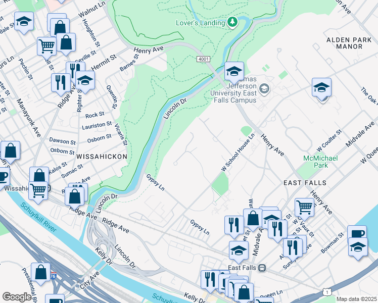map of restaurants, bars, coffee shops, grocery stores, and more near 4119 Apalogen Road in Philadelphia