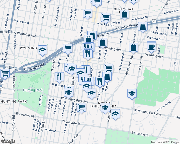 map of restaurants, bars, coffee shops, grocery stores, and more near 433 Purdy Street in Philadelphia