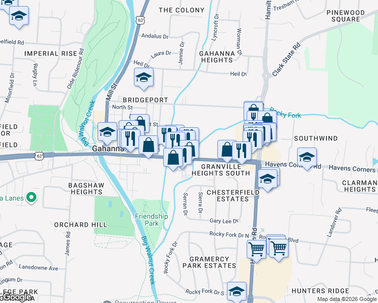 map of restaurants, bars, coffee shops, grocery stores, and more near 246 Ohio 317 in Gahanna