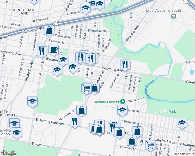 map of restaurants, bars, coffee shops, grocery stores, and more near 4604 Whitaker Avenue in Philadelphia