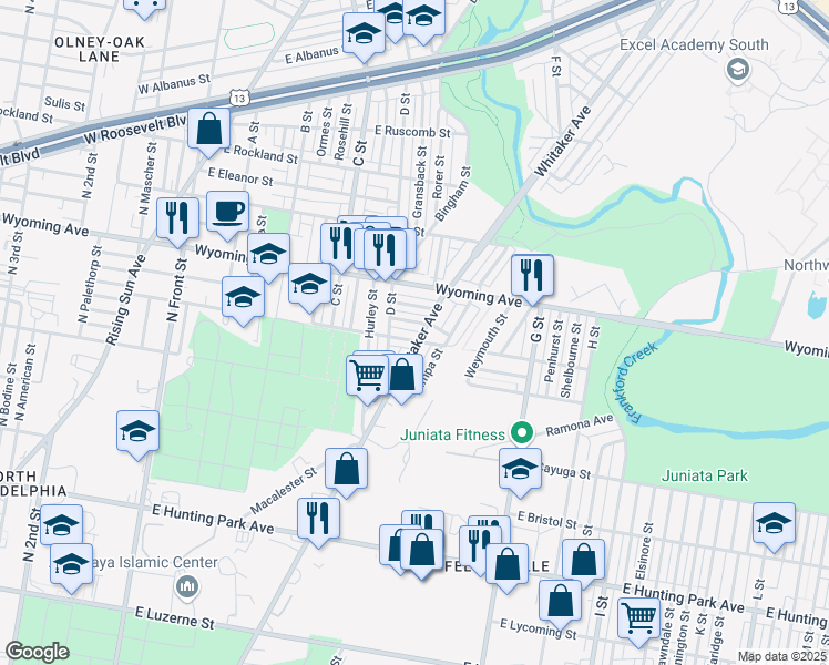 map of restaurants, bars, coffee shops, grocery stores, and more near 4604 Whitaker Avenue in Philadelphia
