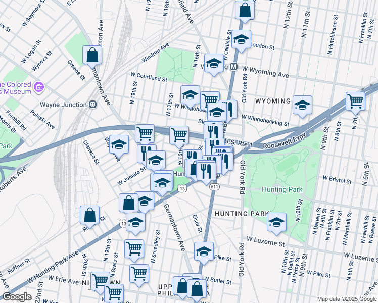 map of restaurants, bars, coffee shops, grocery stores, and more near 1531 West Bristol Street in Philadelphia