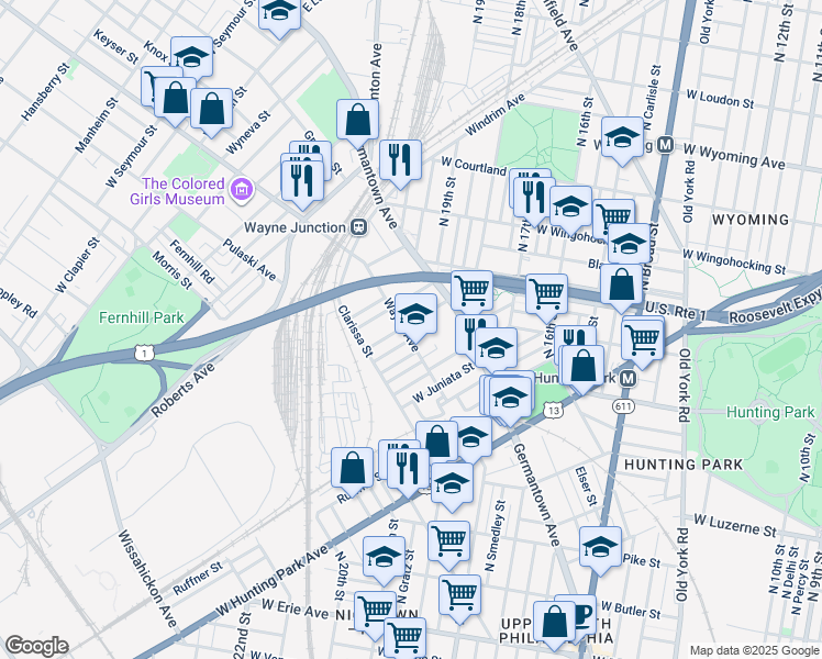 map of restaurants, bars, coffee shops, grocery stores, and more near 1958 Rowan Street in Philadelphia