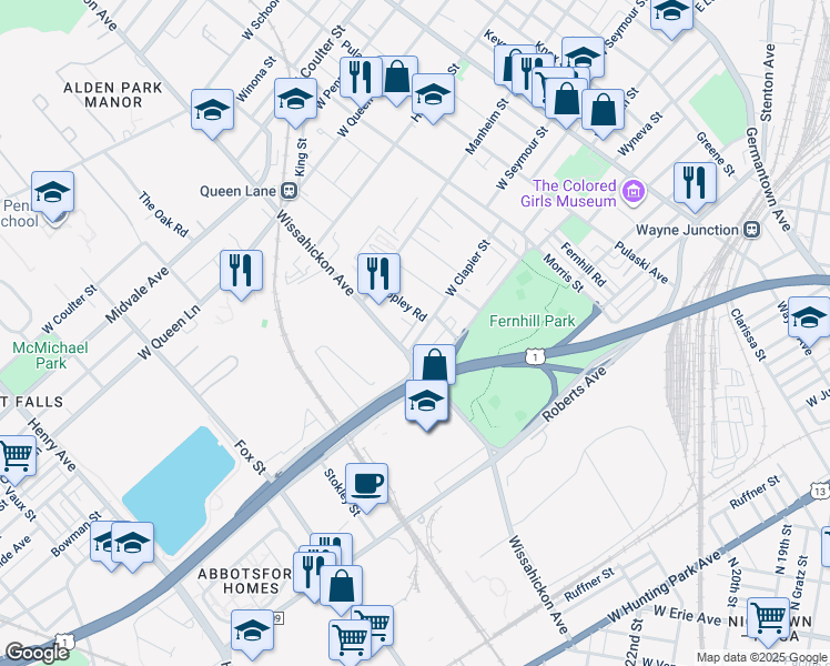map of restaurants, bars, coffee shops, grocery stores, and more near 543 West Clapier Street in Philadelphia