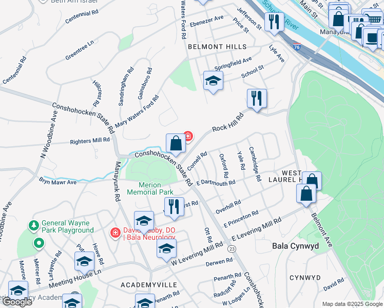 map of restaurants, bars, coffee shops, grocery stores, and more near 26 Rock Hill Road in Bala Cynwyd
