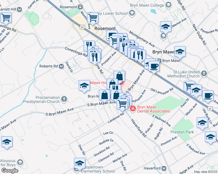 map of restaurants, bars, coffee shops, grocery stores, and more near 856 County Line Road in Bryn Mawr