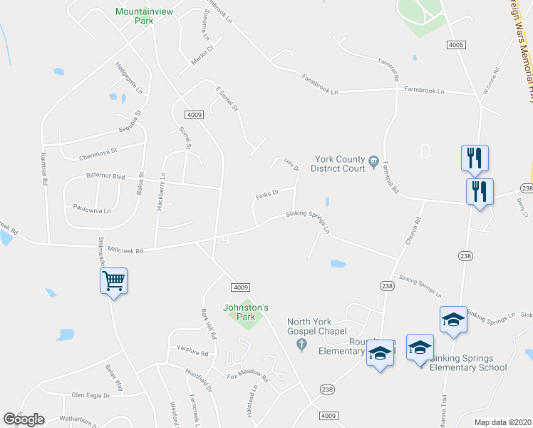 map of restaurants, bars, coffee shops, grocery stores, and more near 696 Sinking Springs Lane in York