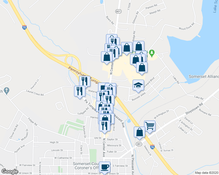 map of restaurants, bars, coffee shops, grocery stores, and more near North Center Avenue in Somerset