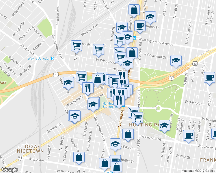 map of restaurants, bars, coffee shops, grocery stores, and more near 1533 West Bristol Street in Philadelphia