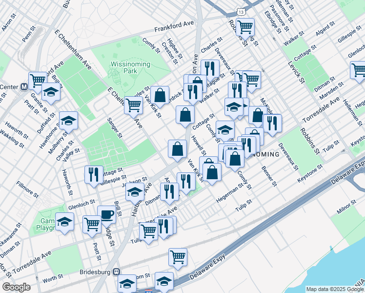 map of restaurants, bars, coffee shops, grocery stores, and more near 4415 Van Kirk Street in Philadelphia