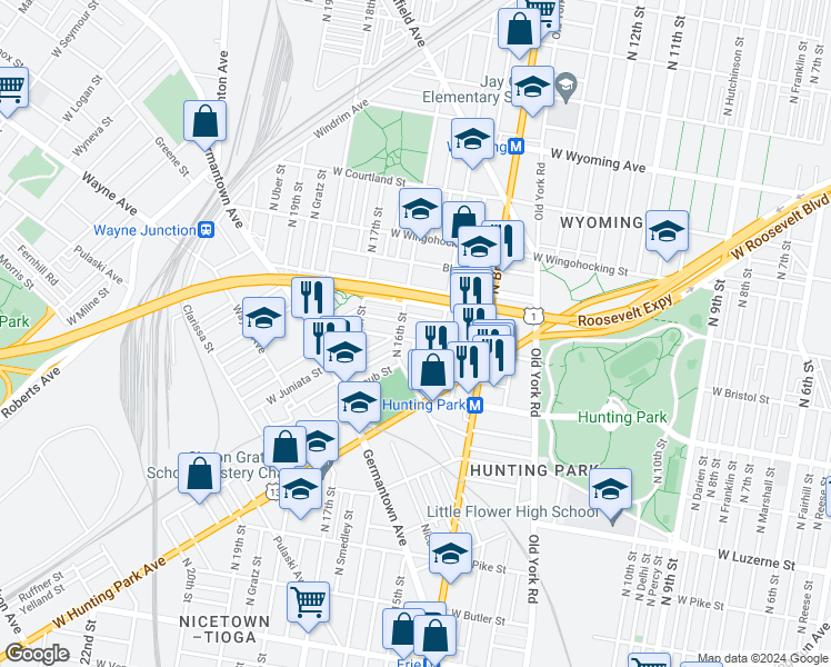 map of restaurants, bars, coffee shops, grocery stores, and more near 1533 West Bristol Street in Philadelphia