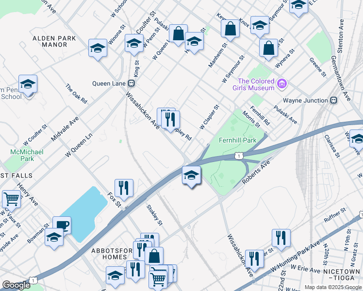 map of restaurants, bars, coffee shops, grocery stores, and more near 5011 Wissahickon Avenue in Philadelphia