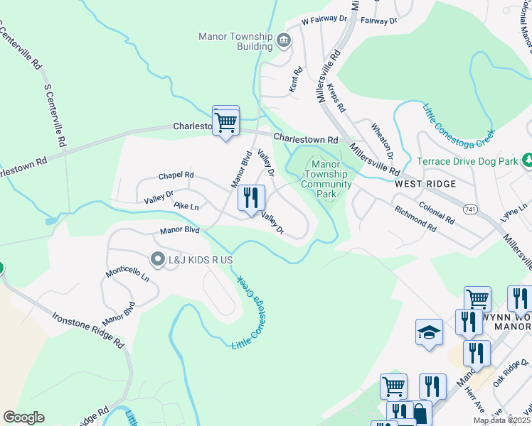 map of restaurants, bars, coffee shops, grocery stores, and more near 207 Brookline Road in Lancaster