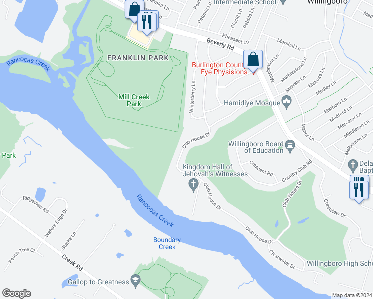 map of restaurants, bars, coffee shops, grocery stores, and more near 126 Club House Drive in Willingboro
