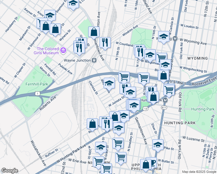 map of restaurants, bars, coffee shops, grocery stores, and more near 1956 Rowan Street in Philadelphia