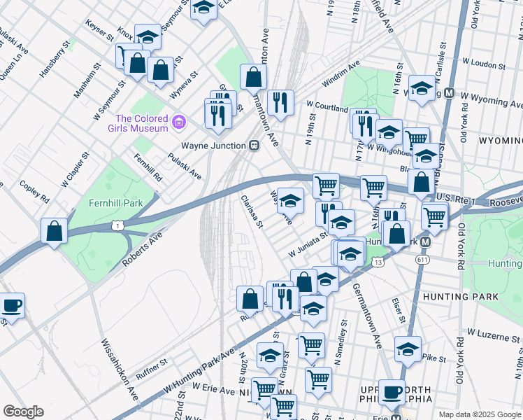 map of restaurants, bars, coffee shops, grocery stores, and more near 2038 Dennie Street in Philadelphia