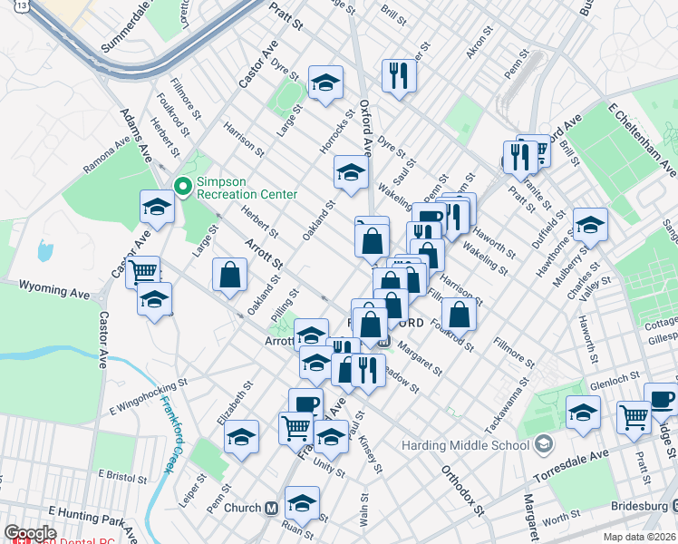 map of restaurants, bars, coffee shops, grocery stores, and more near 4723-25 Leiper Street in Philadelphia