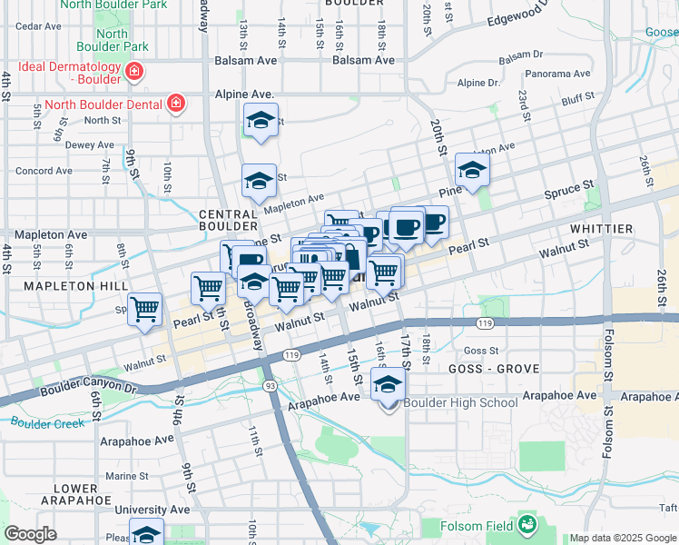 map of restaurants, bars, coffee shops, grocery stores, and more near 1505 Pearl Street in Boulder