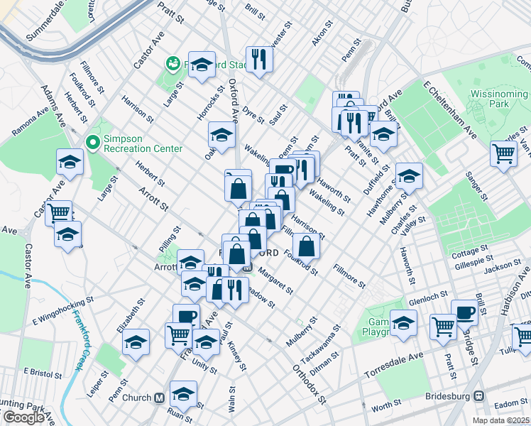 map of restaurants, bars, coffee shops, grocery stores, and more near 4839 Griscom Street in Philadelphia