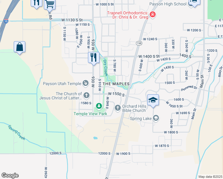 map of restaurants, bars, coffee shops, grocery stores, and more near 817 West 1500 South Street in Payson