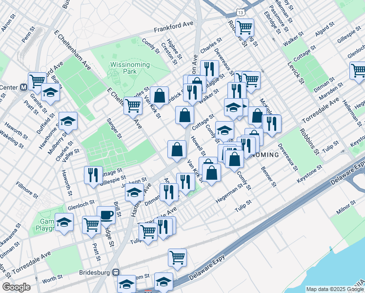 map of restaurants, bars, coffee shops, grocery stores, and more near 4415 Van Kirk Street in Philadelphia