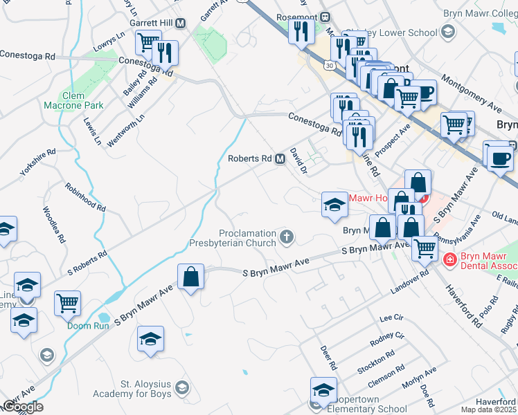 map of restaurants, bars, coffee shops, grocery stores, and more near 817 Vauclain Lane in Bryn Mawr