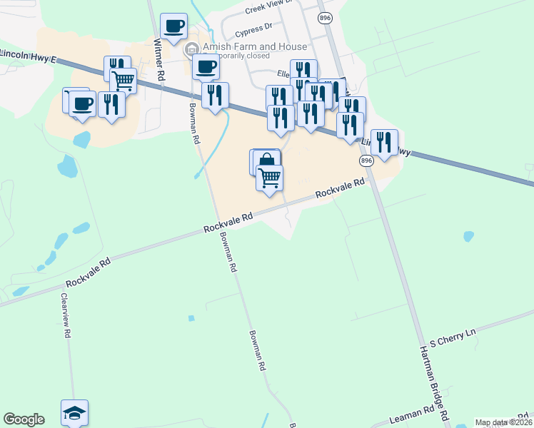 map of restaurants, bars, coffee shops, grocery stores, and more near 2334 Rockvale Road in Lancaster