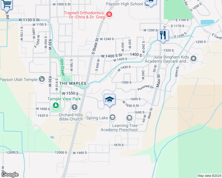 map of restaurants, bars, coffee shops, grocery stores, and more near 502 Saddlebrook Drive in Payson