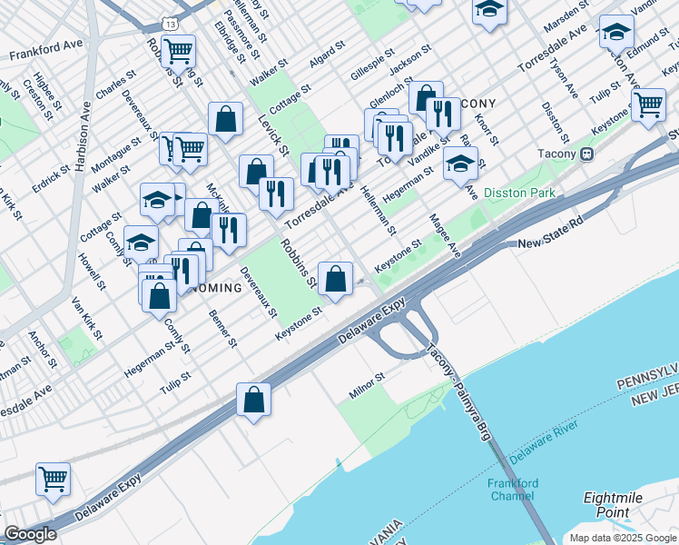 map of restaurants, bars, coffee shops, grocery stores, and more near Tulip Street in Philadelphia