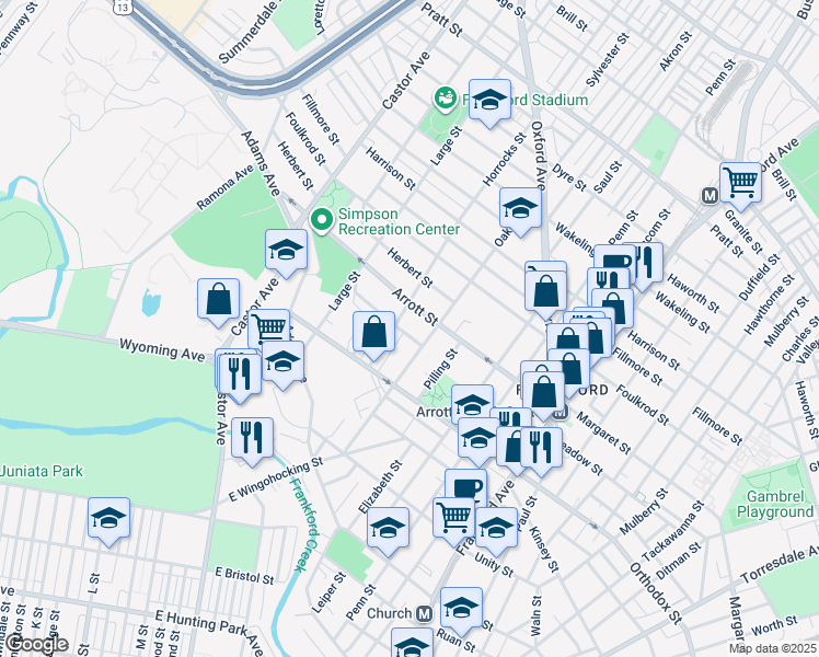 map of restaurants, bars, coffee shops, grocery stores, and more near 1213 Overington Street in Philadelphia