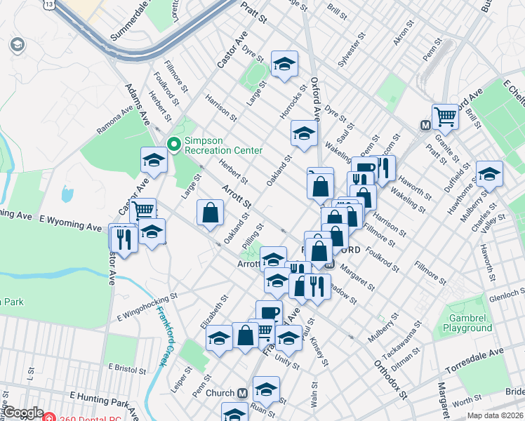 map of restaurants, bars, coffee shops, grocery stores, and more near 1315 Arrott Street in Philadelphia